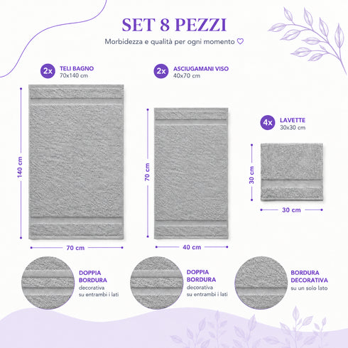 Set 8 Asciugamani Premium 100% Cotone - 2 Teli Bagno, 2 Asciugamani Viso e 4 Lavette - per Casa, Ospiti e B&B