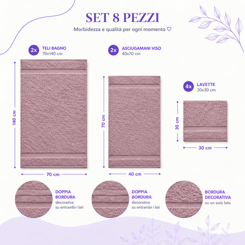Set 8 Asciugamani Premium 100% Cotone - 2 Teli Bagno, 2 Asciugamani Viso e 4 Lavette - per Casa, Ospiti e B&B