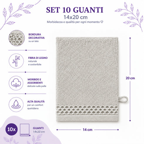 Set 10 Guanti Bagno 14x20 cm - 60% Bamboo e 40% Cotone - con Bordura Decorativa - per Detersione Viso, Corpo e Skincare