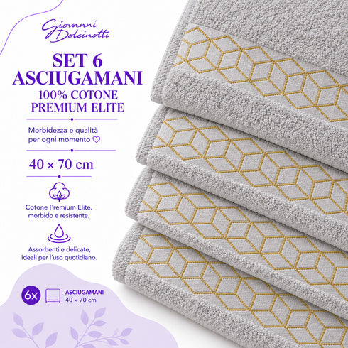 Set 6 Asciugamani Premium Elite 40x70 cm 100% Cotone - con Bordura Jacquard - per Bagno, Palestra e Viaggio