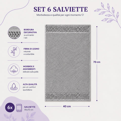 Set 6 Asciugamani 40x70 cm - 60% Bamboo e 40% Cotone - per Bagno, Palestra e Viaggio