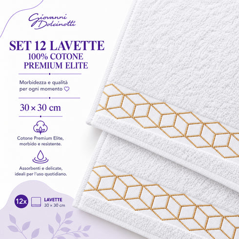 Set 12 Asciugamani Lavette Premium Elite 30x30 cm 100% Cotone - con Bordura Jacquard - per Viso, Mani, Ospiti e SPA