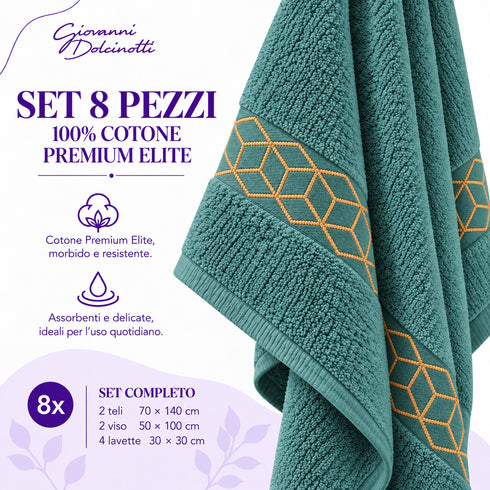 Set 8 Asciugamani Premium Elite 100% Cotone - 2 Teli Bagno, 2 Asciugamani Viso e 4 Lavette - per Casa, SPA e Ospiti