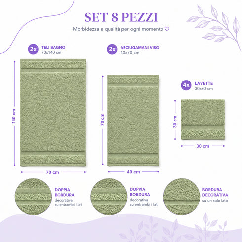 Set 8 Asciugamani Premium 100% Cotone - 2 Teli Bagno, 2 Asciugamani Viso e 4 Lavette - per Casa, Ospiti e B&B