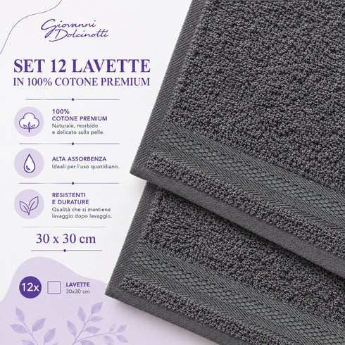 Set 12 Asciugamani Lavette Premium 30x30 cm 100% Cotone - per Viso, Mani, Ospiti e SPA
