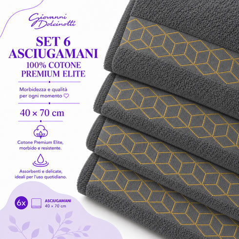 Set 6 Asciugamani Premium Elite 40x70 cm 100% Cotone - con Bordura Jacquard - per Bagno, Palestra e Viaggio