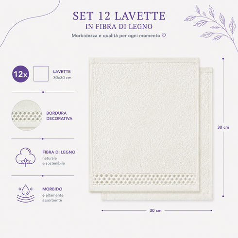 Set 12 Asciugamani Lavette 30x30 cm - 60% Bamboo e 40% Cotone - con Bordura Decorativa - per Viso, Skincare e Viaggio