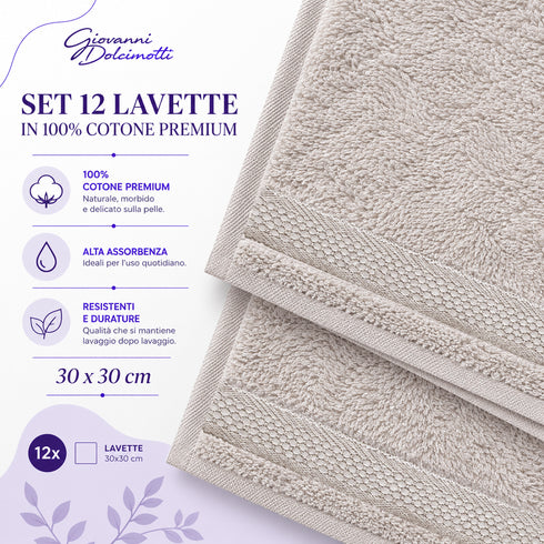 Set 12 Asciugamani Lavette Premium 30x30 cm 100% Cotone - per Viso, Mani, Ospiti e SPA