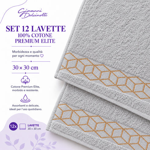 Set 12 Asciugamani Lavette Premium Elite 30x30 cm 100% Cotone - con Bordura Jacquard - per Viso, Mani, Ospiti e SPA