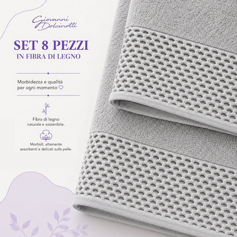 Set 8 Asciugamani 60% Bamboo e 40% Cotone - 2 Teli Bagno, 2 Asciugamani Viso, 2 Lavette e 2 Guanti - per Bagno, SPA e Ospiti
