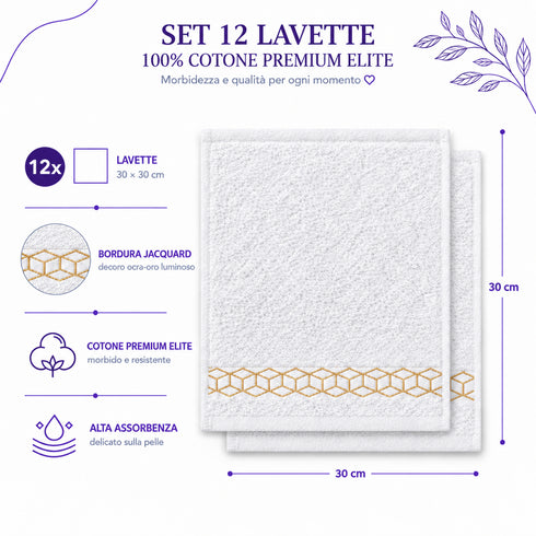 Set 12 Asciugamani Lavette Premium Elite 30x30 cm 100% Cotone - con Bordura Jacquard - per Viso, Mani, Ospiti e SPA