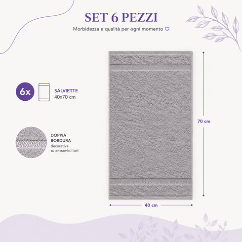 Set 6 Asciugamani Premium 40x70 cm 100% Cotone - con Doppia Bordura - per Bagno, Palestra e Viaggio