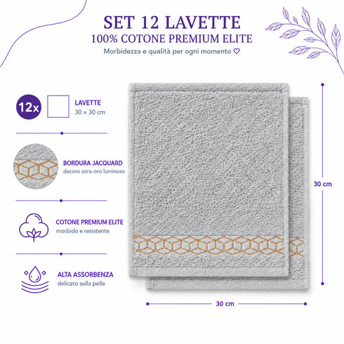 Set 12 Asciugamani Lavette Premium Elite 30x30 cm 100% Cotone - con Bordura Jacquard - per Viso, Mani, Ospiti e SPA