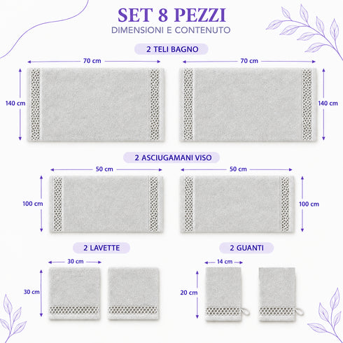 Set 8 Asciugamani 60% Bamboo e 40% Cotone - 2 Teli Bagno, 2 Asciugamani Viso, 2 Lavette e 2 Guanti - per Bagno, SPA e Ospiti