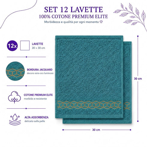 Set 12 Asciugamani Lavette Premium Elite 30x30 cm 100% Cotone - con Bordura Jacquard - per Viso, Mani, Ospiti e SPA