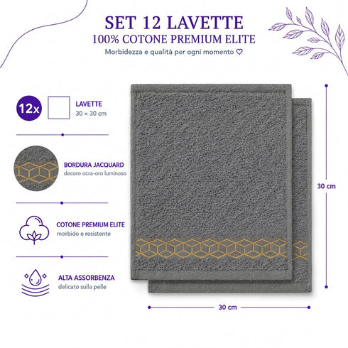 Set 12 Asciugamani Lavette Premium Elite 30x30 cm 100% Cotone - con Bordura Jacquard - per Viso, Mani, Ospiti e SPA