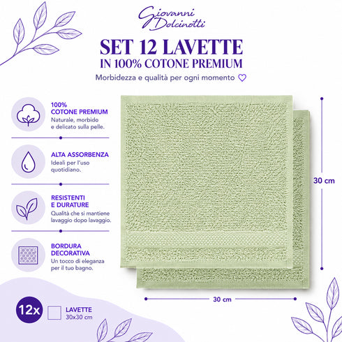 Set 12 Asciugamani Lavette Premium 30x30 cm 100% Cotone - per Viso, Mani, Ospiti e SPA