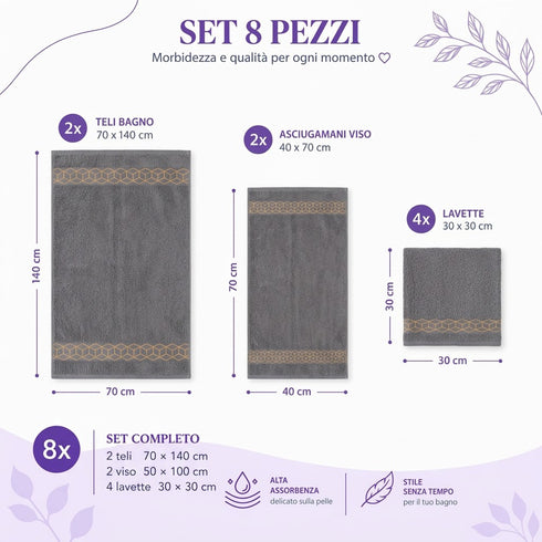 Set 8 Asciugamani Premium Elite 100% Cotone - 2 Teli Bagno, 2 Asciugamani Viso e 4 Lavette - per Casa, SPA e Ospiti