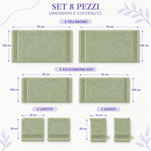 Set 8 Asciugamani 60% Bamboo e 40% Cotone - 2 Teli Bagno, 2 Asciugamani Viso, 2 Lavette e 2 Guanti - per Bagno, SPA e Ospiti