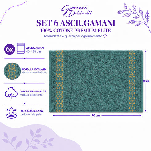 Set 6 Asciugamani Premium Elite 40x70 cm 100% Cotone - con Bordura Jacquard - per Bagno, Palestra e Viaggio