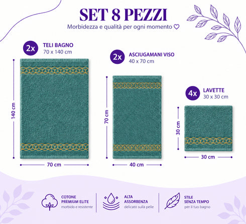 Set 8 Asciugamani Premium Elite 100% Cotone - 2 Teli Bagno, 2 Asciugamani Viso e 4 Lavette - per Casa, SPA e Ospiti