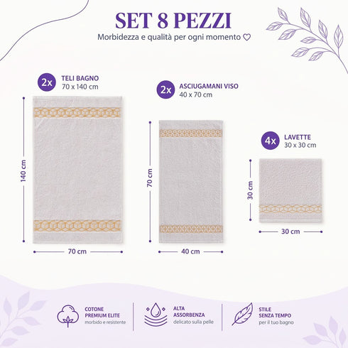 Set 8 Asciugamani Premium Elite 100% Cotone - 2 Teli Bagno, 2 Asciugamani Viso e 4 Lavette - per Casa, SPA e Ospiti