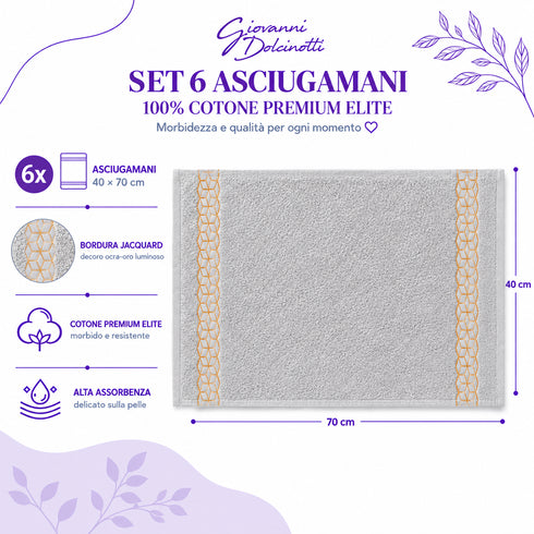 Set 6 Asciugamani Premium Elite 40x70 cm 100% Cotone - con Bordura Jacquard - per Bagno, Palestra e Viaggio