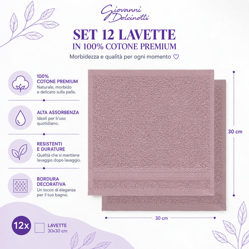 Set 12 Asciugamani Lavette Premium 30x30 cm 100% Cotone - per Viso, Mani, Ospiti e SPA