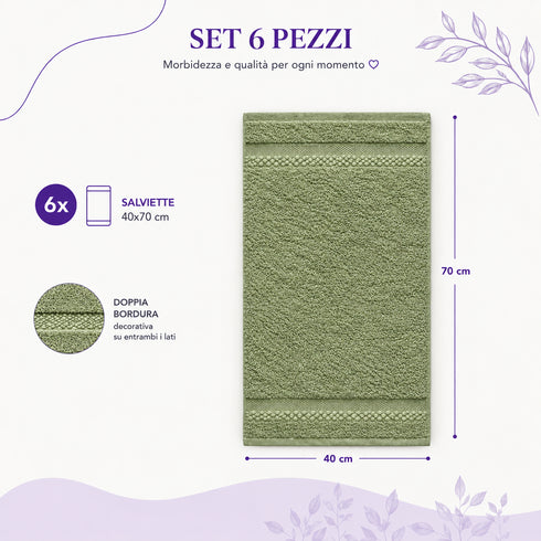 Set 6 Asciugamani Premium 40x70 cm 100% Cotone - con Doppia Bordura - per Bagno, Palestra e Viaggio