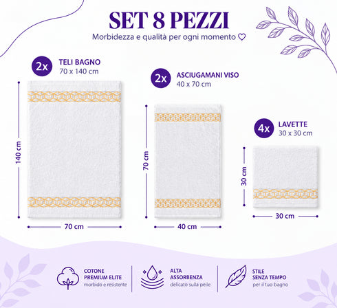 Set 8 Asciugamani Premium Elite 100% Cotone - 2 Teli Bagno, 2 Asciugamani Viso e 4 Lavette - per Casa, SPA e Ospiti
