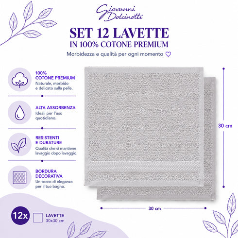 Set 12 Asciugamani Lavette Premium 30x30 cm 100% Cotone - per Viso, Mani, Ospiti e SPA
