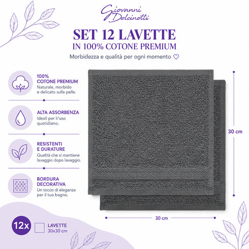Set 12 Asciugamani Lavette Premium 30x30 cm 100% Cotone - per Viso, Mani, Ospiti e SPA