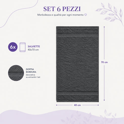 Set 6 Asciugamani Premium 40x70 cm 100% Cotone - con Doppia Bordura - per Bagno, Palestra e Viaggio