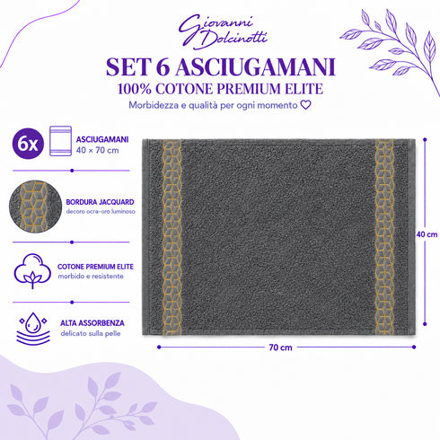Set 6 Asciugamani Premium Elite 40x70 cm 100% Cotone - con Bordura Jacquard - per Bagno, Palestra e Viaggio