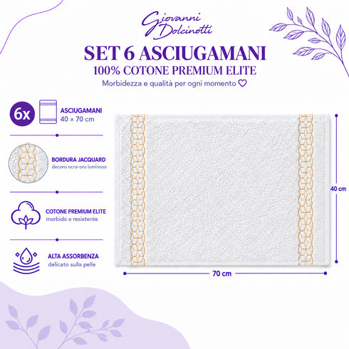 Set 6 Asciugamani Premium Elite 40x70 cm 100% Cotone - con Bordura Jacquard - per Bagno, Palestra e Viaggio