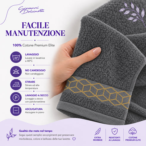 Set 6 Asciugamani Premium Elite 40x70 cm 100% Cotone - con Bordura Jacquard - per Bagno, Palestra e Viaggio