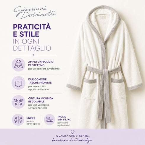 Accappatoio Uomo e Donna Elegante 100% Cotone in Spugna con Finiture a Contrasto - per Casa, SPA e Hotel