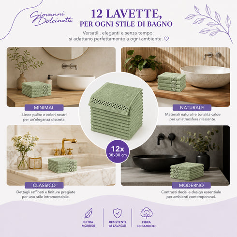 Set 12 Asciugamani Lavette 30x30 cm - 60% Bamboo e 40% Cotone - con Bordura Decorativa - per Viso, Skincare e Viaggio