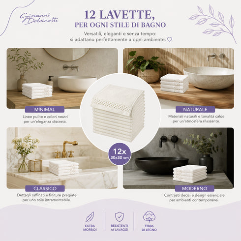 Set 12 Asciugamani Lavette 30x30 cm - 60% Bamboo e 40% Cotone - con Bordura Decorativa - per Viso, Skincare e Viaggio