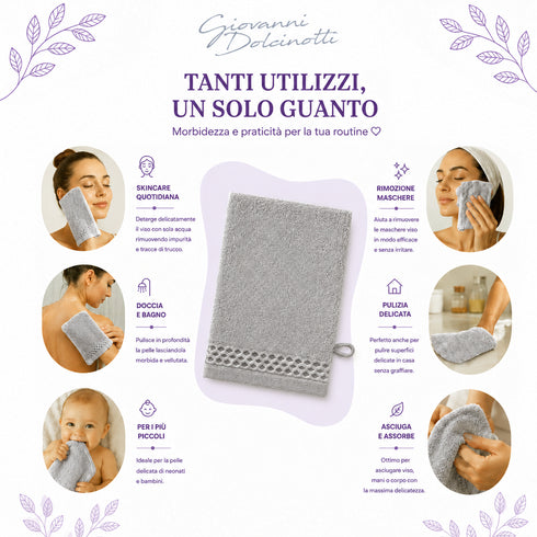 Set 10 Guanti Bagno 14x20 cm - 60% Bamboo e 40% Cotone - con Bordura Decorativa - per Detersione Viso, Corpo e Skincare