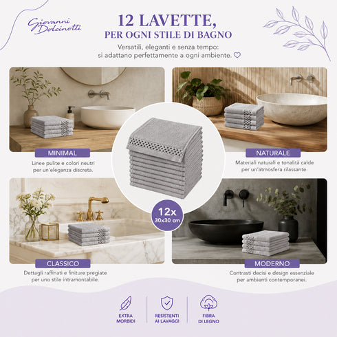 Set 12 Asciugamani Lavette 30x30 cm - 60% Bamboo e 40% Cotone - con Bordura Decorativa - per Viso, Skincare e Viaggio