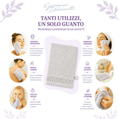 Set 10 Guanti Bagno 14x20 cm - 60% Bamboo e 40% Cotone - con Bordura Decorativa - per Detersione Viso, Corpo e Skincare