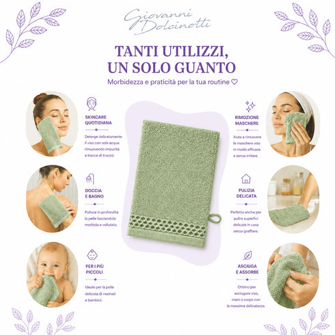 Set 10 Guanti Bagno 14x20 cm - 60% Bamboo e 40% Cotone - con Bordura Decorativa - per Detersione Viso, Corpo e Skincare