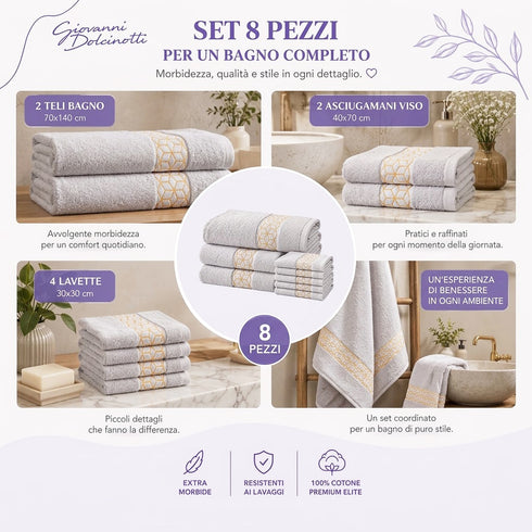 Set 8 Asciugamani Premium Elite 100% Cotone - 2 Teli Bagno, 2 Asciugamani Viso e 4 Lavette - per Casa, SPA e Ospiti
