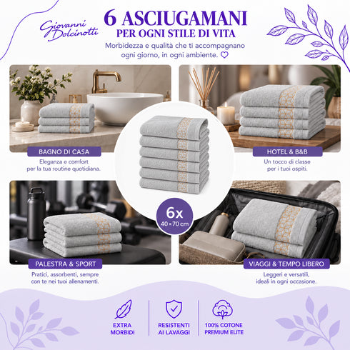 Set 6 Asciugamani Premium Elite 40x70 cm 100% Cotone - con Bordura Jacquard - per Bagno, Palestra e Viaggio
