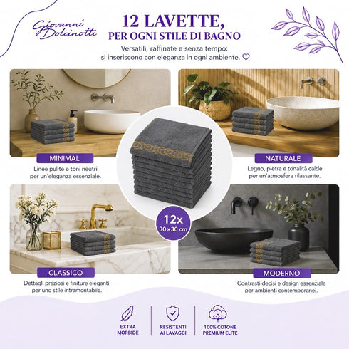 Set 12 Asciugamani Lavette Premium Elite 30x30 cm 100% Cotone - con Bordura Jacquard - per Viso, Mani, Ospiti e SPA