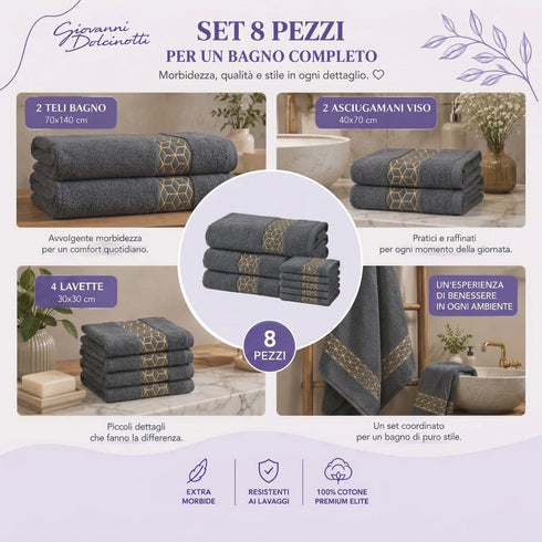 Set 8 Asciugamani Premium Elite 100% Cotone - 2 Teli Bagno, 2 Asciugamani Viso e 4 Lavette - per Casa, SPA e Ospiti