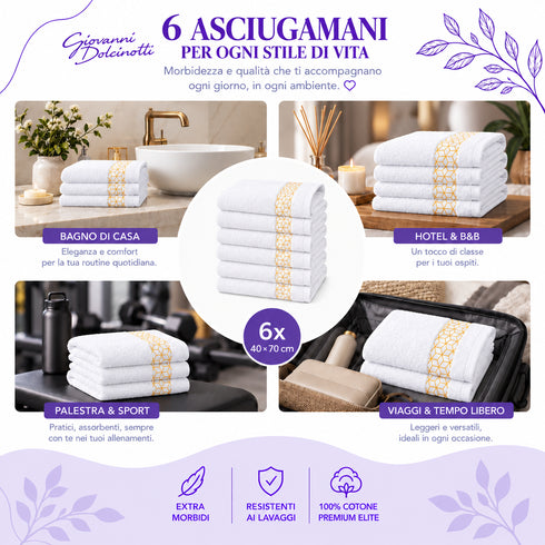 Set 6 Asciugamani Premium Elite 40x70 cm 100% Cotone - con Bordura Jacquard - per Bagno, Palestra e Viaggio