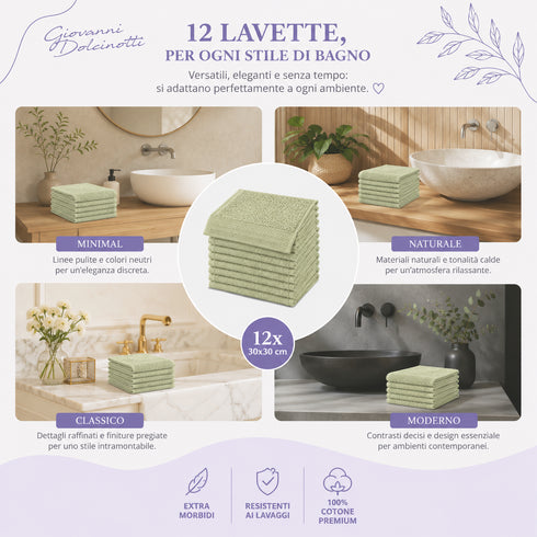 Set 12 Asciugamani Lavette Premium 30x30 cm 100% Cotone - per Viso, Mani, Ospiti e SPA