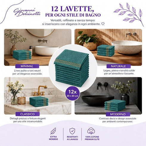 Set 12 Asciugamani Lavette Premium Elite 30x30 cm 100% Cotone - con Bordura Jacquard - per Viso, Mani, Ospiti e SPA